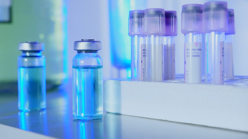Frascos e tubos de ensaio com líquido azul em um laboratório sob iluminação fluorescente