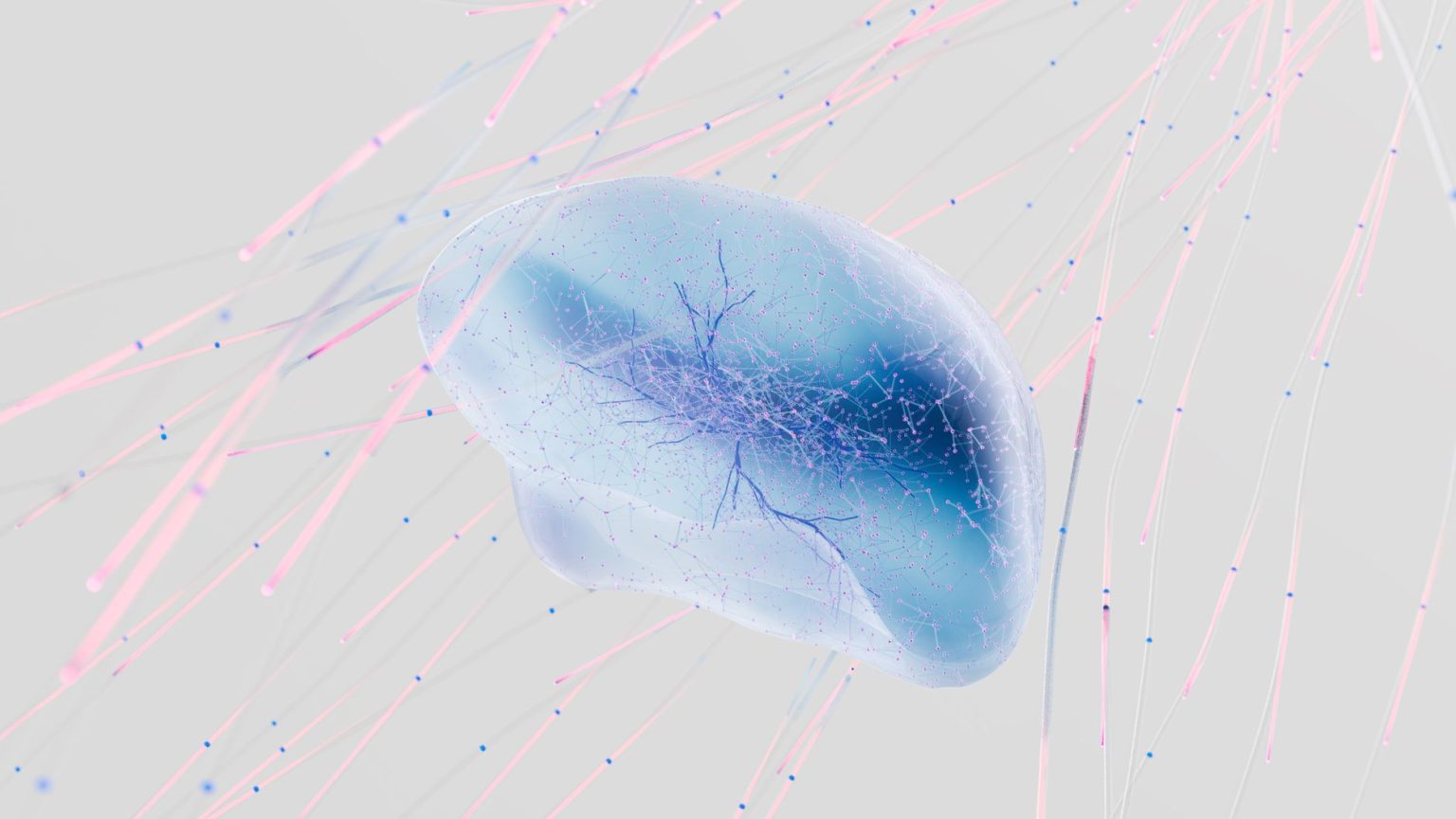 Representação abstrata de conexões entre neurônios em uma rede neural, em tons suaves.